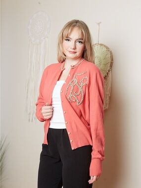 Vintage 50s Coral Beaded Monogram Cardigan Sweater S